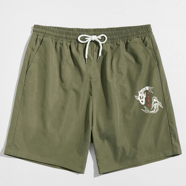 

Men Chinese Letter & Fish Print Drawstring Shorts, Army green