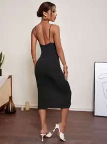 SHEIN BAE Solid Split Hem Cami Bodycon Dress - Black - View 2
