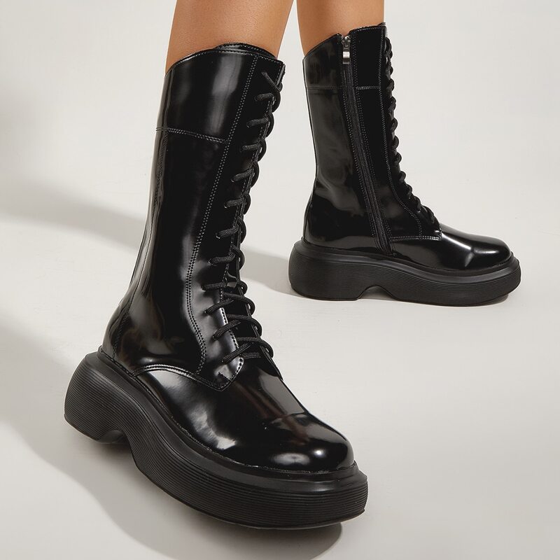 

Lace-up Front Side Zipper Combat Boots, Black