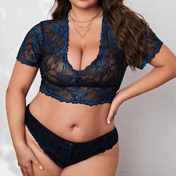 

Plus Floral Lace Lingerie Set, Multicolor