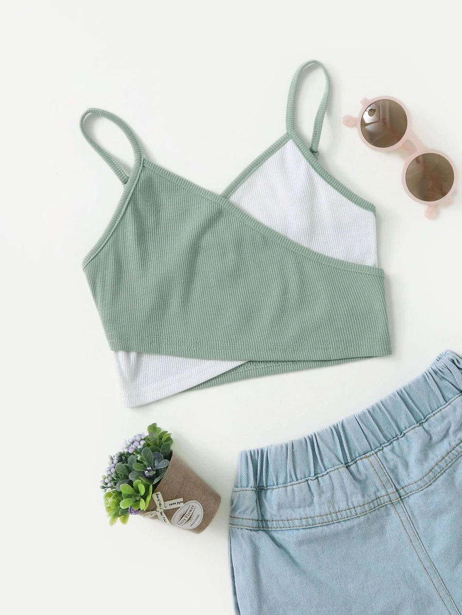 SHEIN 青少年女孩撞色十字交叉圍裹吊帶上衣 - 薄荷綠 - 查看 1