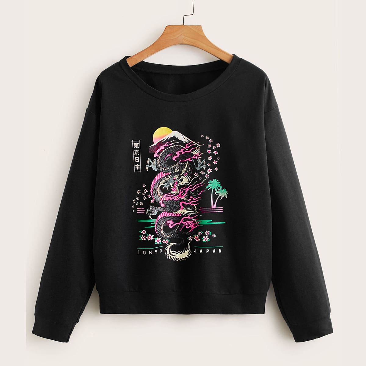 

Chinese Dragon & Letter Print Sweatshirt, Black
