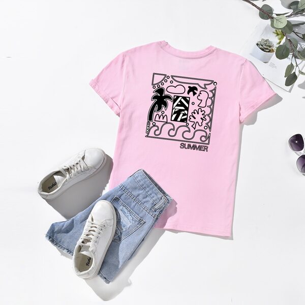 

Tropical And Letter Graphic Tee, Baby pink
