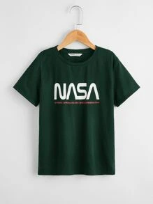 SHEIN Tween Boys' Simple Letter Print T-Shirt, Casual Style, Suitable For Summer Daily Wear - Dark Green - View 1