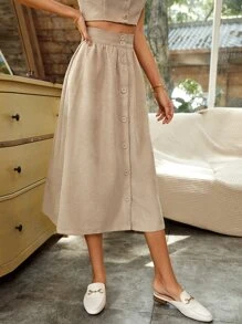 Falda con botón delantero de pana - Albaricoque - Ver 3