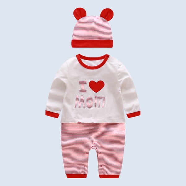 

Baby Striped Letter & Heart Patched Jumpsuit With 3D Ear Hat, Red and white