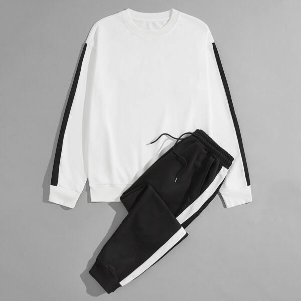 

Men Side Seam Sweatshirt & Drawstring Waist Sweatpants, Black and white