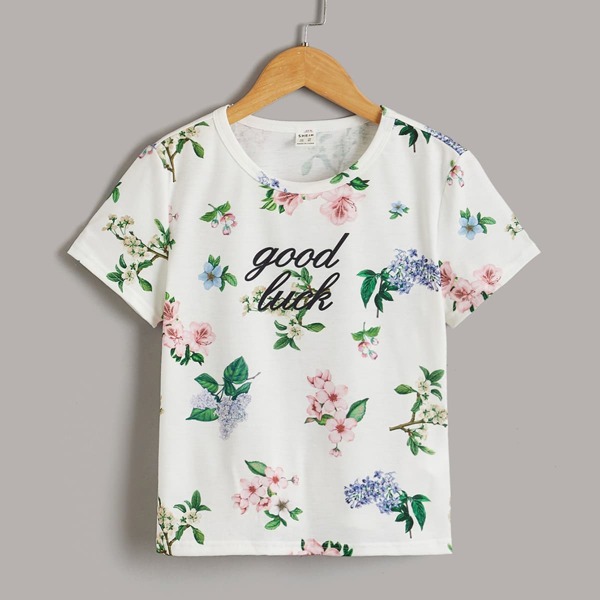 

Girls Letter & Floral Print Tee, White