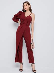 BizChic Asymmetrical Neck Gathered Sleeve Jumpsuit - Burgundy - View 1
