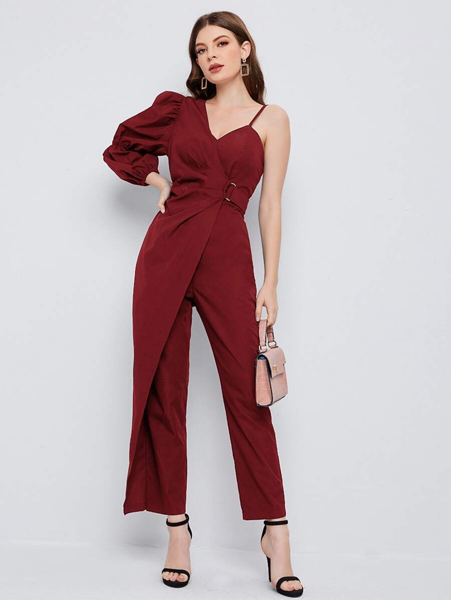 BizChic Asymmetrical Neck Gathered Sleeve Jumpsuit - Burgundy - View 1