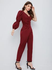 BizChic Asymmetrical Neck Gathered Sleeve Jumpsuit - Burgundy - View 3