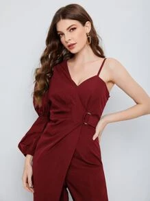 BizChic Asymmetrical Neck Gathered Sleeve Jumpsuit - Burgundy - View 4