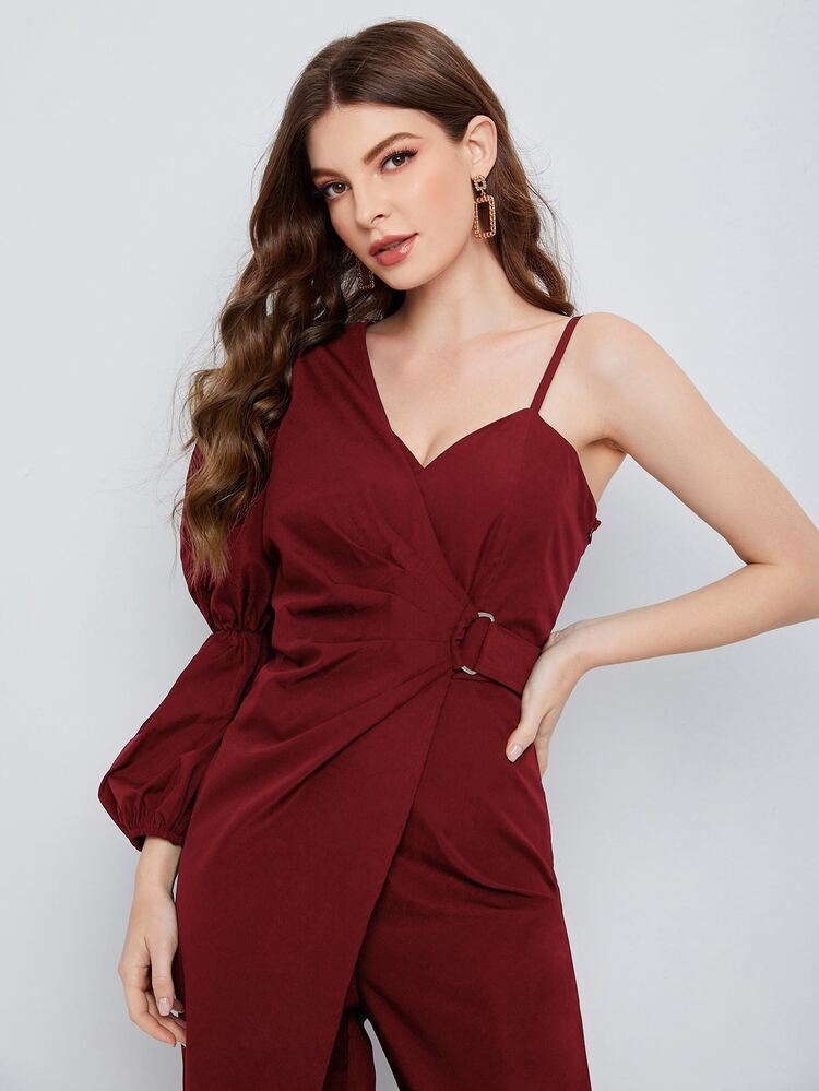BizChic Asymmetrical Neck Gathered Sleeve Jumpsuit - Burgundy - View 4
