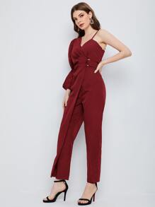BizChic Asymmetrical Neck Gathered Sleeve Jumpsuit - Burgundy - View 5