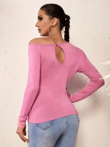 SHEIN SXY 鏤空不對稱領鏈條細節T恤 - 粉色 - 查看 2