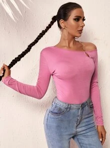 SHEIN SXY 鏤空不對稱領鏈條細節T恤 - 粉色 - 查看 3