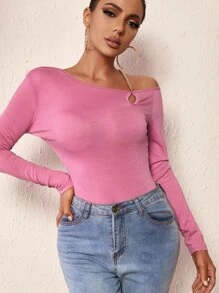 SHEIN SXY 鏤空不對稱領鏈條細節T恤 - 粉色 - 查看 4