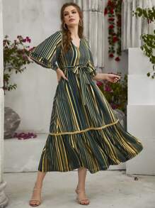 Modelyn Vestido con cinturón de manga con volante bajo con fruncido - Multicolor - Ver 1