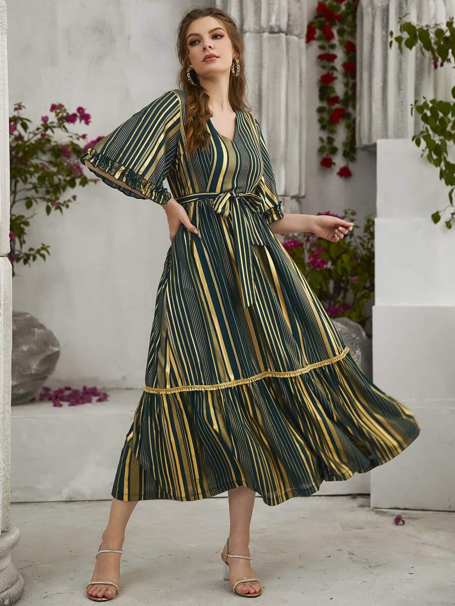 Modelyn Vestido con cinturón de manga con volante bajo con fruncido - Multicolor - Ver 1