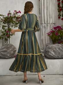 Modelyn Vestido con cinturón de manga con volante bajo con fruncido - Multicolor - Ver 2