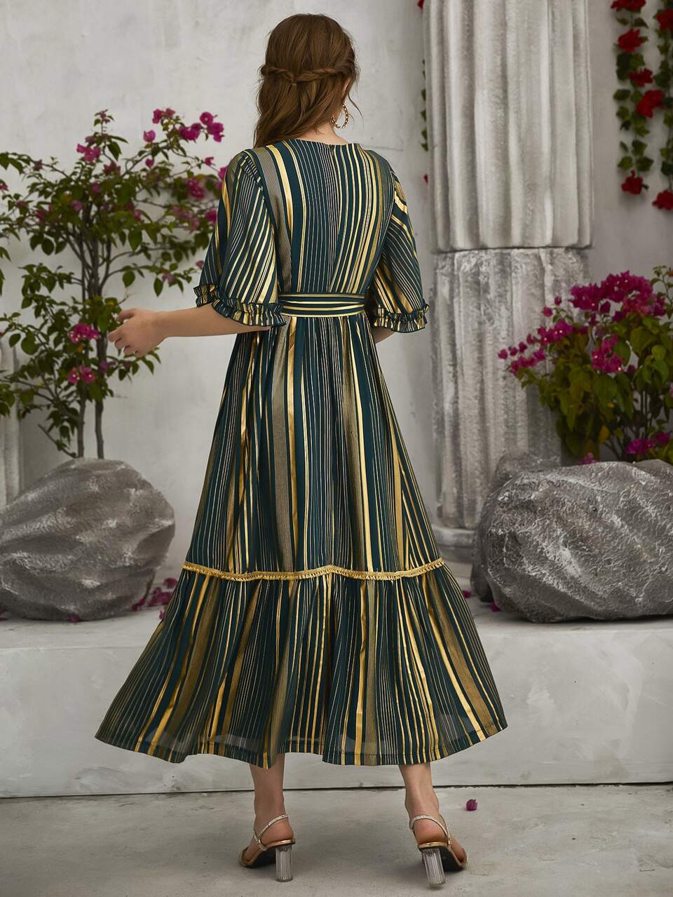 Flounce Sleeve Ruffle Hem Belted Dress