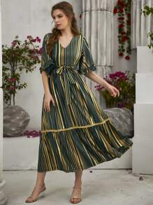 Modelyn Vestido con cinturón de manga con volante bajo con fruncido - Multicolor - Ver 3