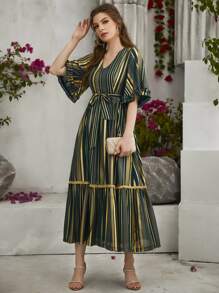 Modelyn Vestido con cinturón de manga con volante bajo con fruncido - Multicolor - Ver 4