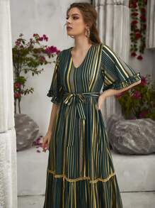 Modelyn Vestido con cinturón de manga con volante bajo con fruncido - Multicolor - Ver 5