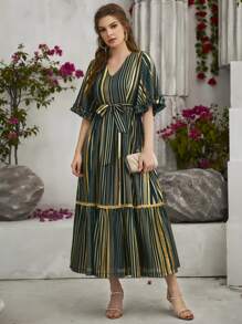 Modelyn Vestido con cinturón de manga con volante bajo con fruncido - Multicolor - Ver 6