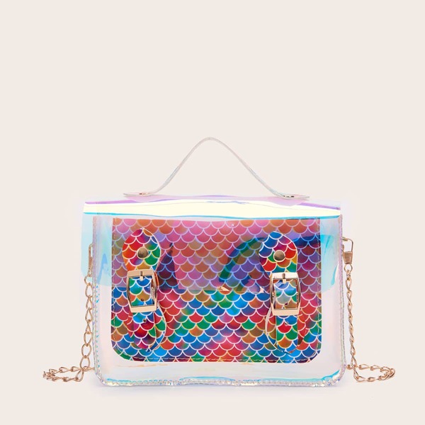 

Fish Scale Print Buckle Decor Chain Satchel Bag, Multicolor