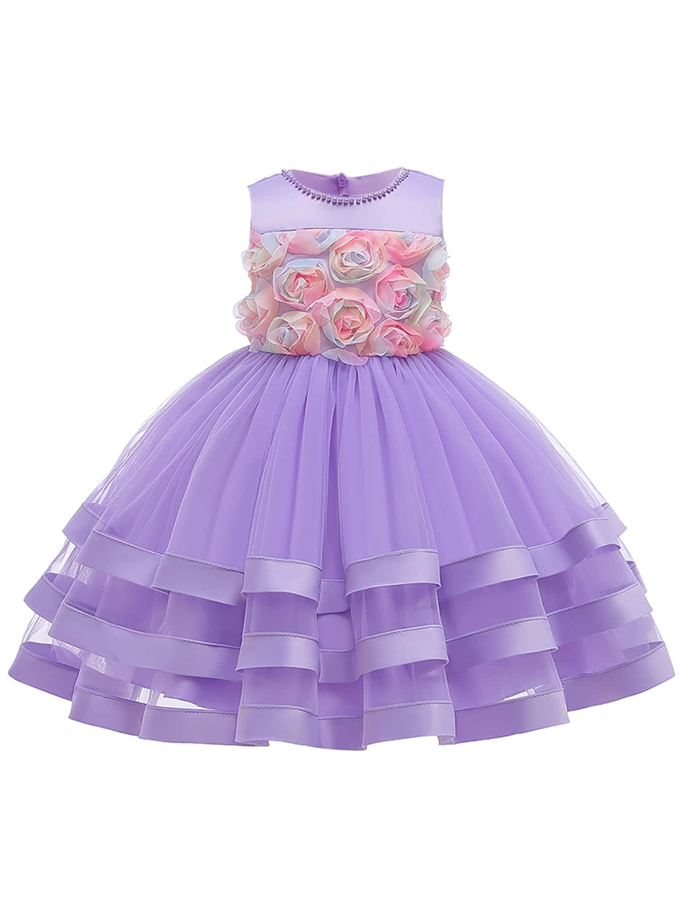 Tween Girls' Layered Mesh & Satin Puffy Dress With Colorful Flower Decor For Elegant, Lovely Birthday Party Dress - Lilac Purple - View 1
