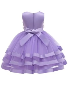 Tween Girls' Layered Mesh & Satin Puffy Dress With Colorful Flower Decor For Elegant, Lovely Birthday Party Dress - Lilac Purple - View 2