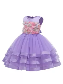 Tween Girls' Layered Mesh & Satin Puffy Dress With Colorful Flower Decor For Elegant, Lovely Birthday Party Dress - Lilac Purple - View 3