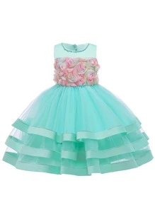 Vestido De Fiesta Para Niñas Preadolescentes Con Falda De Tul En Capas Y Satén, Decoración Floral De Muchos Colores, Elegante, Encantador, Adecuado Para Fiestas De Cumpleaños - verde menta - Ver 1