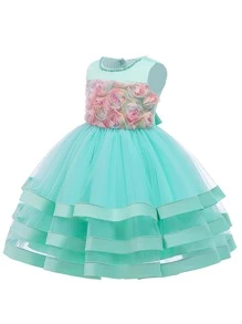 Vestido De Fiesta Para Niñas Preadolescentes Con Falda De Tul En Capas Y Satén, Decoración Floral De Muchos Colores, Elegante, Encantador, Adecuado Para Fiestas De Cumpleaños - verde menta - Ver 3
