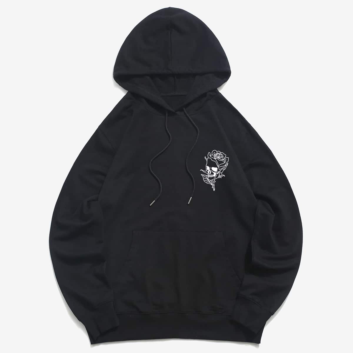 

Guys Skull & Floral Graphic Kangaroo Pocket Drawstring Hoodie, Black