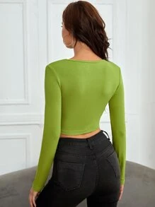 SHEIN Essnce Peekaboo Knot Front Scoop Neck Tee - Olive Green - View 2