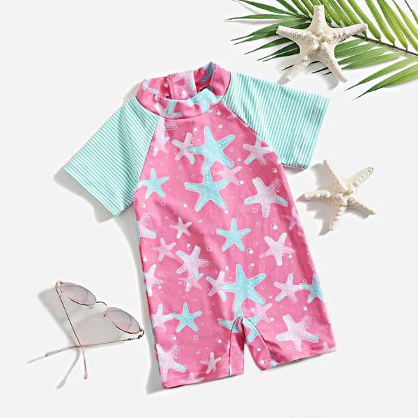 

Baby Girl Star Print One Piece Swimsuit, Multicolor