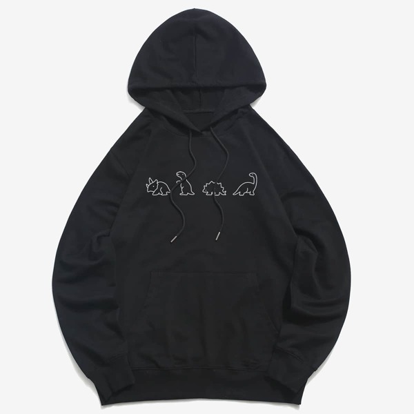 

Guys Cartoon Dinosaur Graphic Drawstring Hoodie, Black