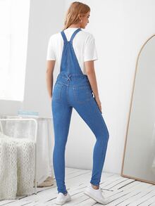 SHEIN 孕婦斜口袋破洞牛仔背帶褲 - 中等水洗藍 - 查看 2