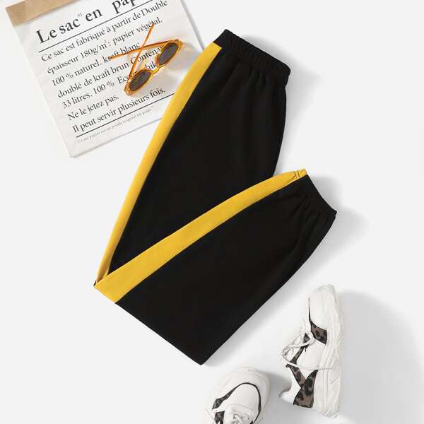 

Elastic Waist Contrast Side Seam Sweatpants, Black