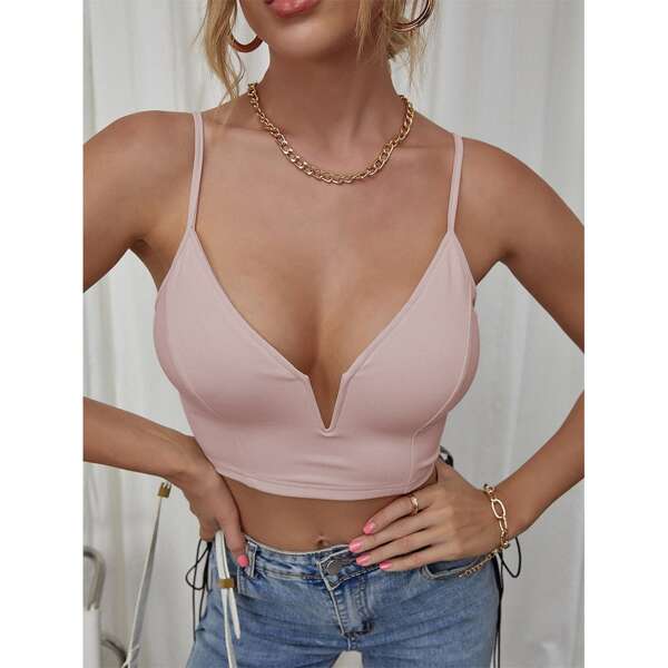 

Notch Neck Solid Cami Crop Top, Apricot