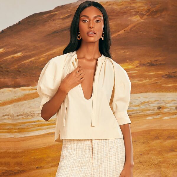 

Tie Neck Puff Sleeve Blouse, Apricot