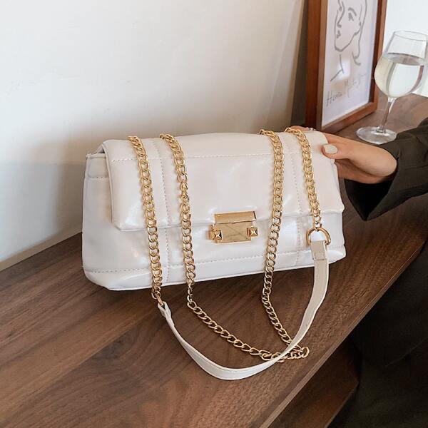 

Minimalist Push Lock Chain Baguette Bag, White