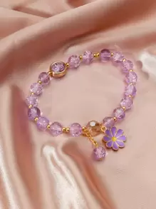 Flower Charm Beaded Bracelet - Purple - View 6