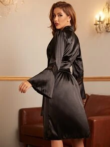 Bata De Dormir De Satén Con Cinturón Y Ribete De Encaje - Negro - Ver 2