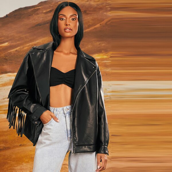 

Letter & Graphic Print Fringe Trim Zip Up PU Leather Jacket, Black