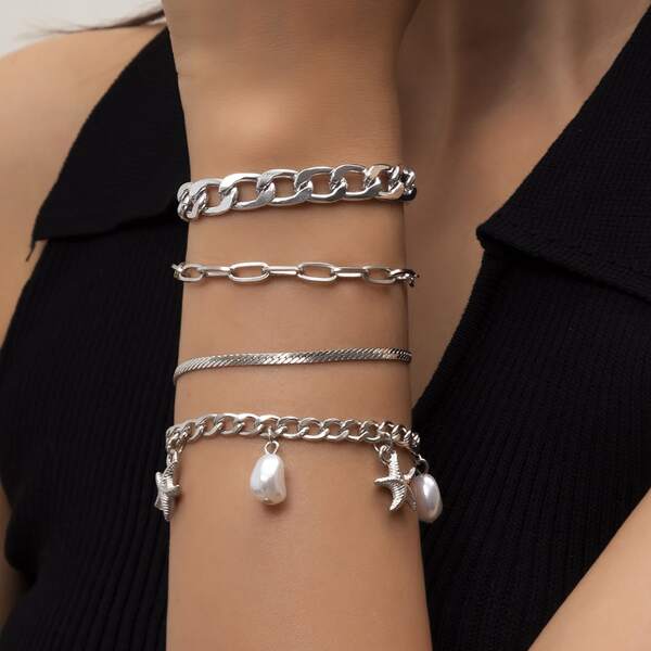 

4pcs Faux Pearl Charm Bracelet, Silver