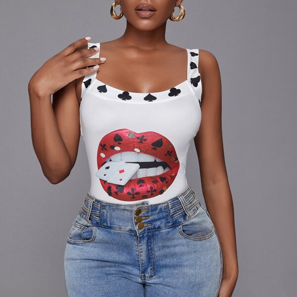 

Playing Card And Lip Print Cami Top, White