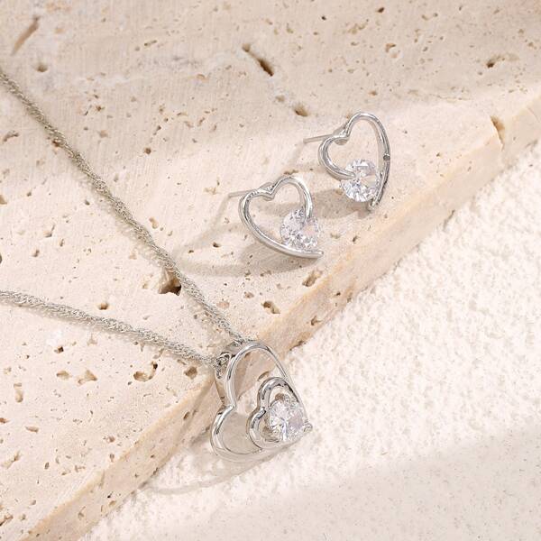 

Zircon Decor Heart Charm Necklace & Stud Earrings, Silver